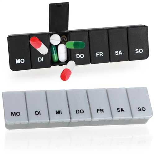 com-four® 2x Medikamentendosierer - Medikamenten-Box für 7 Tage - Pillendose - Tablettendose - Tablettenbox - Wochendosierer zur Aufbewahrung (02 Stück - schwarz/silberfarben) von com-four
