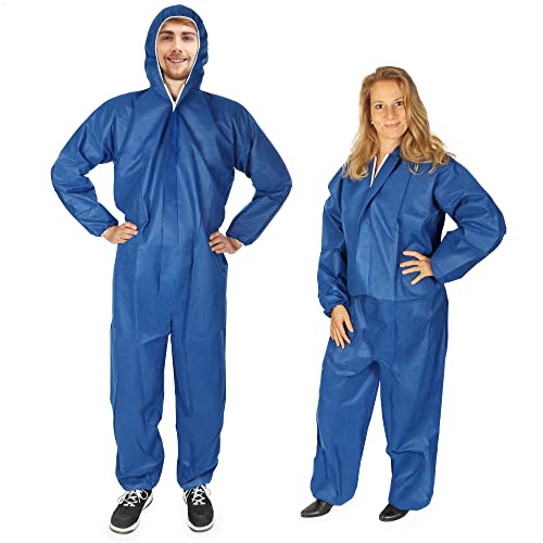 com-four® 2X Schutz-Anzug dreilagig mit Kapuze und Reißverschluss - dreilagiger Maler-Overall One-Size - Körpergröße von 160 bis 200 cm - Schutzkleidung zum Malern und Renovieren (Blau - 2 Stück) von com-four