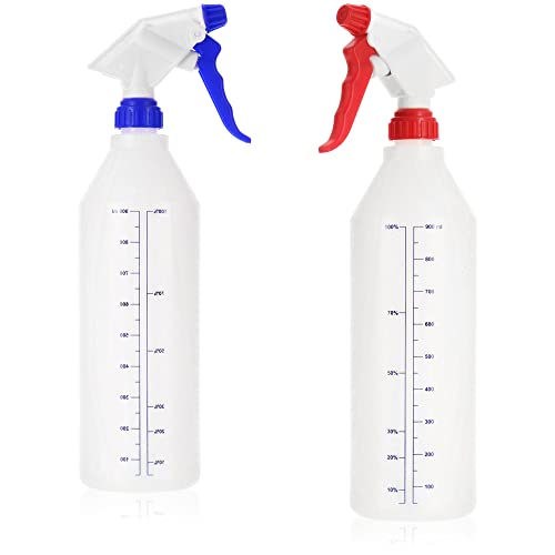 com-four® 2X Sprühflasche - chemiebeständiger 360 Grad Pumpsprüher mit 28/400 Gewinde für verdünnte Säuren, Laugen, Öle und Mineralfette auf Silikonbasis - Zerstäuber 900 ml (weiß/blau + weiß/rot) von com-four