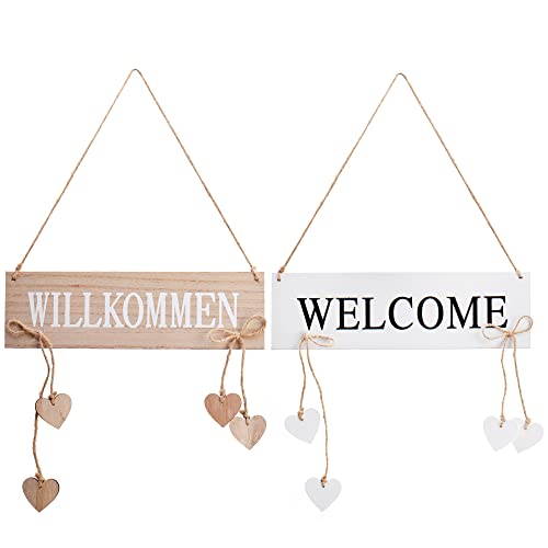 com-four® 2x Türanhänger "Willkommen" und "Welcome" mit hängenden Herzen - Türschilder aus Holz zum Aufhängen - Aufhänger zur Frühlingszeit, Ostern und Sommer - Holz-Deko-Schild (02 Stück - weiß) von com-four