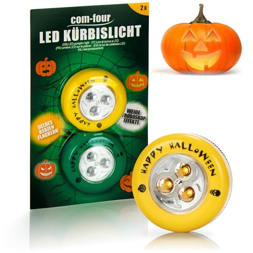 com-four® 2X LED-Licht für Halloween - Kernzenflackern, Stroboskop Effekt - Blinkende Kürbis LED Lichter für ausgehölte und Geschnitzte Kürbisse - Kürbis-Lampe für Halloween (Set LED - gelb + grün) von com-four