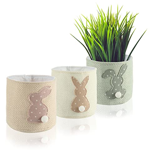 com-four® 3X Oster-Übertopf - Osternest mit Osterhase zum Verschenken - niedliche Geschenkkörbchen mit Oster-Motiv zum Frühlingsanfang - Ø 12cm (beige - rosa - grün) von com-four