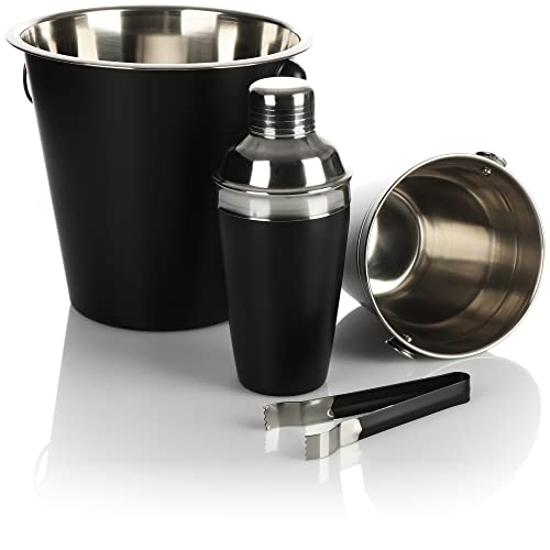 com-four® 4-teiliges Cocktailmixer-Set - Kühlkübel für Flaschen zu besonderen Anlässen - Eiswürfelbehälter mit Zange - Cocktailshaker (Cocktailset - 04-teilig - schwarz) von com-four