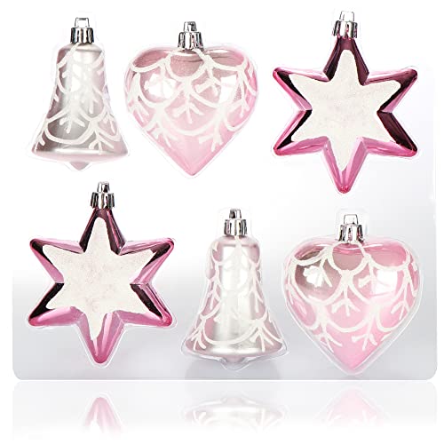 com-four® 6-teiliges Set Christbaumschmuck - Christbaumkugeln in verschiedenen Formen - Glocke, Herz und Stern zum Anhängen am Weihnachtsbaum (rosa/silberfarben) von com-four