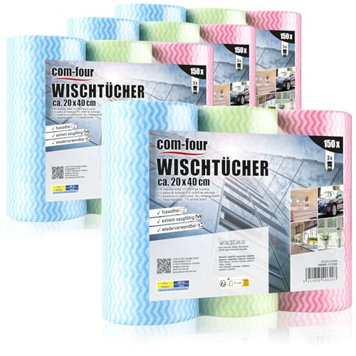 com-four® 600x Putztücher auf Rolle - Reinigungstücher für Küche, Bad und Haushalt - Mehrzweck-Lappen in 3 Farben - Wischtücher (600 Blatt - 20x40cm) von com-four