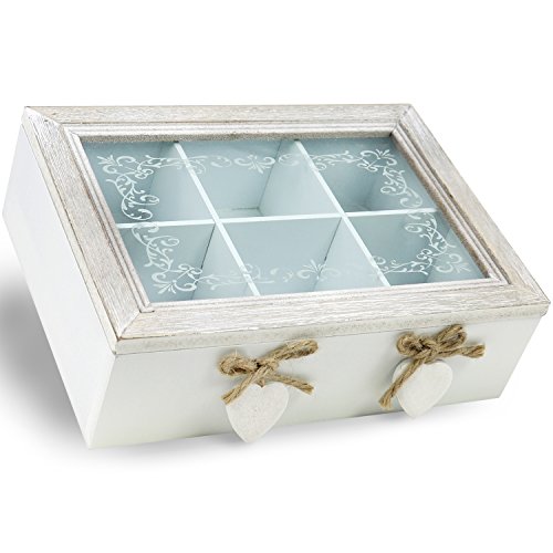 com-four® Aufbewahrungsbox im Vintage Design für Tee und Teebeutel, Teebox aus Holz mit 6 Fächern und Sichtfenster aus Glas, 23,1 x 7,1 x 16,8 cm (1 Stück - braun/weiß Herzen) von com-four
