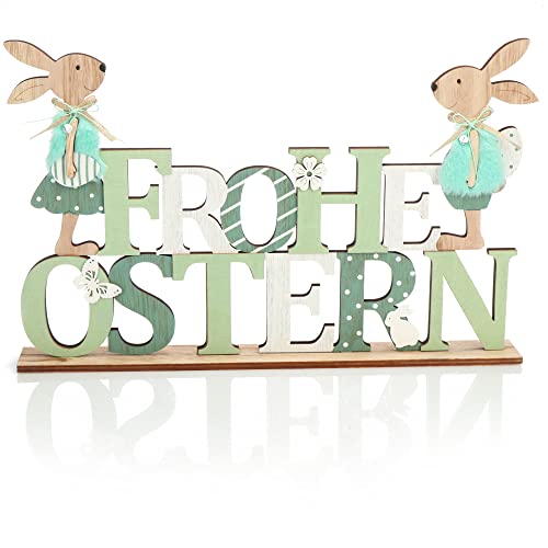 com-four® Deko Aufsteller für Ostern - Schriftzug mit Osterhasen - Osterdeko zum Hinstellen - Osterdekoration aus Holz (01 Stück - grün/weiß/braun) von com-four