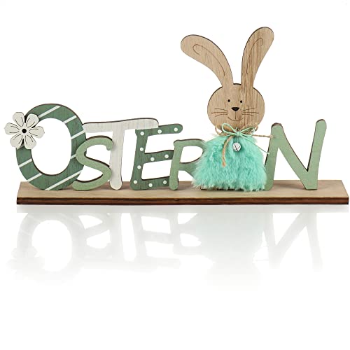 com-four® Deko Aufsteller für Ostern - Schriftzug mit Osterhasen - Osterdeko zum Hinstellen - Osterdekoration aus Holz und Glöckchen (1 Stück - grau/grün) von com-four