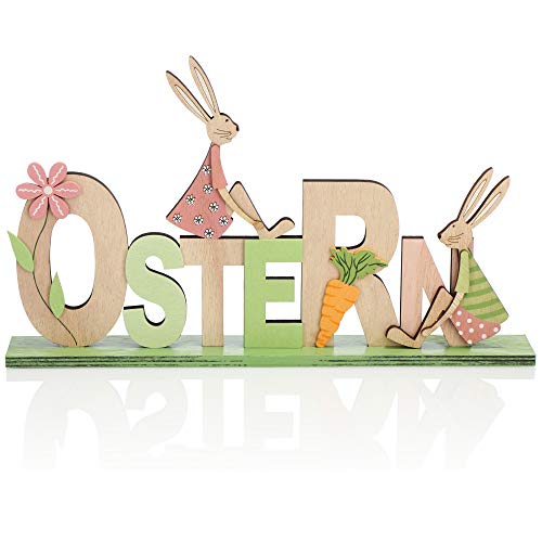 com-four® Deko Aufsteller für Ostern - Schriftzug mit Osterhasen - Osterdeko zum Hinstellen - Osterdekoration aus Holz (01 Stück - grün/rosa/orange) von com-four