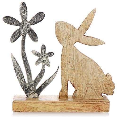 com-four® Deko Hase für Osterdeko - Osterhase aus Holz mit Blume aus Metall zum Hinstellen - Holz-Aufsteller Hase mit Metall-Blume (01 Stück - Hase mit Blume) von com-four