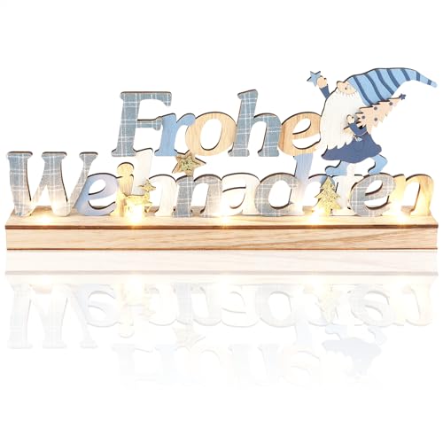 com-four® LED Deko Aufsteller aus Holz - beleuchteter Schriftzug auf Holzsockel - Deko-Schriftzug zum Hinstellen für Weihnachten - Stimmungslicht mit Timer (Santa - blau + weiß) von com-four