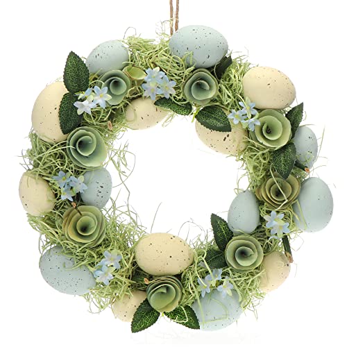 com-four® Osterkranz mit Blumen aus Holz und Eiern, dekorativer Tischkranz, handgefertigter Türkranz mit Aufhänger, stylische Osterdekoration von com-four