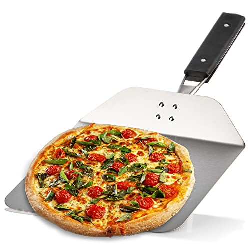 com-four® Pizzaschaufel aus rostfreiem Edelstahl 430 - Pizza- und Kuchenheber mit Holzgriff - Pizzaschieber für Pizza, Flammkuchen, Brötchen und Brot - klappbarer Griff (silberfarben/schwarz - eckig) von com-four