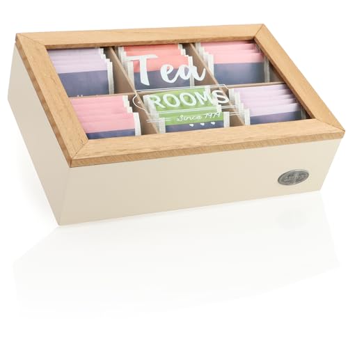 com-four® Teebox mit 6 Fächern für bis zu 72 Teebeutel - Aufbewahrungsbox aus Holz für Tee, Kaffepads, Gewürze - Teebeutelbox mit Sichtfenster aus Glas [Auswahl variiert] (1 Stück - weiß/beige/braun) von com-four