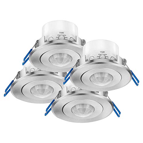 conecto Infrarot Bewegungsmelder Decke innen Einbau Unterputz Deckenmontage schwenkbar LED 360° Lichtsteuerung IP20 (4er Set), Silber Aluminium von conecto