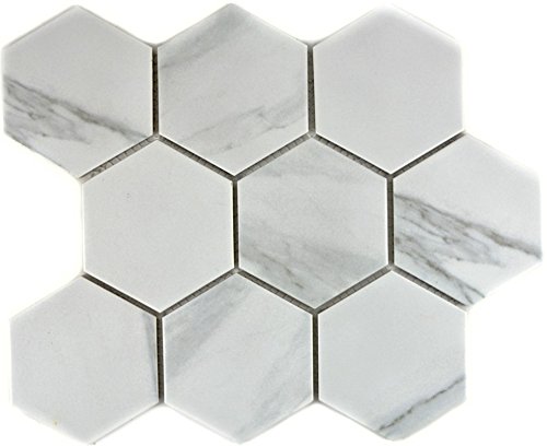 Mosaik Fliese Keramik weiß Hexagon Carrara für WAND BAD WC DUSCHE KÜCHE FLIESENSPIEGEL THEKENVERKLEIDUNG BADEWANNENVERKLEIDUNG Mosaikmatte Mosaikplatte von conwire