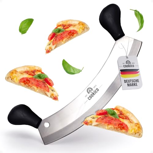 Cookico Pizzaschneider 30cm groß mit ergonomischen Handgriffen & Klingenschutz – Profi Wiegemesser für Pizza, Kräuter & Co - Premium Pizzamesser Pizza Cutter mit scharfer Edelstahlklinge von cookico