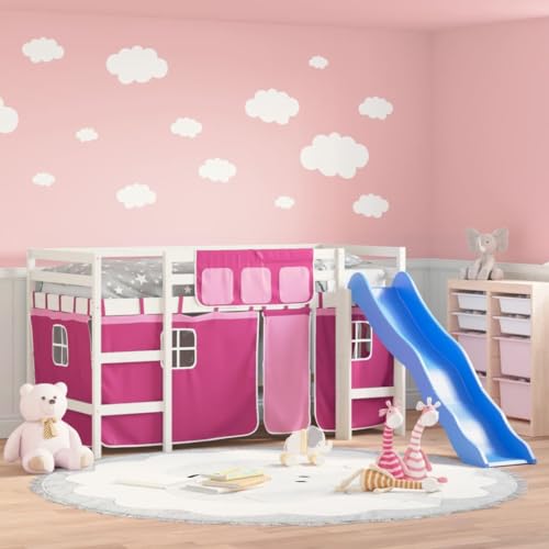csderty Furniture Home Tools Kinder-Hochbett mit Vorhängen, Rosa, 90 x 190 cm, Massivholz, Kiefer von csderty