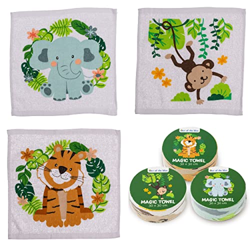 damaloo 3X Magisches Handtuch Kinder mit Tiermotiv - Zaubertuch mit Jungletiere Motiv - Magic Towel für Kids - Magische Handtücher Set für Mädchen & Jungen - Zauber Waschlappen aus Baumwolle 30x30 von damaloo