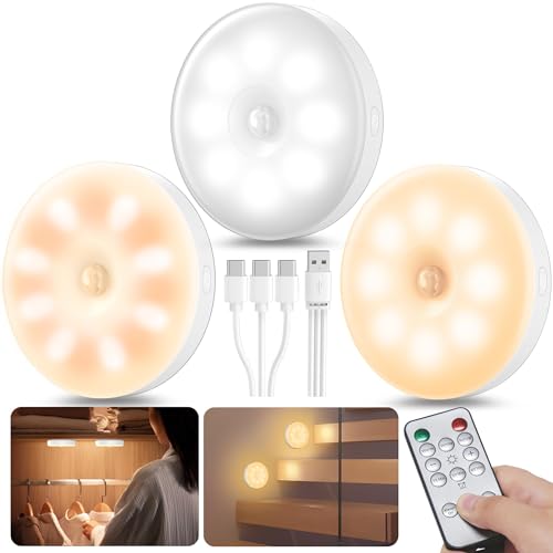 daphomeu Bewegungsmelder Innen mit Fernbedienung, 3 Farben 16 LED Schrankbeleuchtung, Wiederaufladbarkeit USB lampe, Kabelloses LED Nachtlicht für Flur, Treppenbeleuchtung, Kinderzimmer (3 Stück) von daphomeu