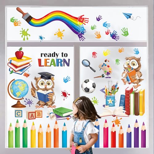 decalmile Fensteraufkleber Kinderzimmer Eule Bücher Lesen Fenster Abziehbilder Regenbogen Fensterbild Frühling Anti-Kollision Fensterfolie Dusche Glas Fensterdeko Aufkleber von decalmile