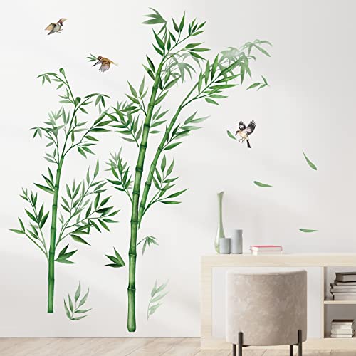 decalmile Wandtattoo Groß Bambus Wandaufkleber Grüne Pflanzen Vögel Wandsticker Schlafzimmer Wohnzimmer TV Wand Wanddeko von decalmile