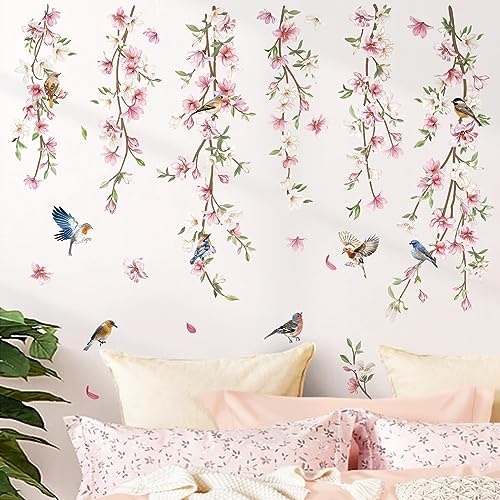 decalmile Wandtattoo Hängende Rebe Blumen Rosa Wandaufkleber Blüten Blätter Vögel Wandsticker Schlafzimmer Wohnzimmer Sofa Wanddeko von decalmile