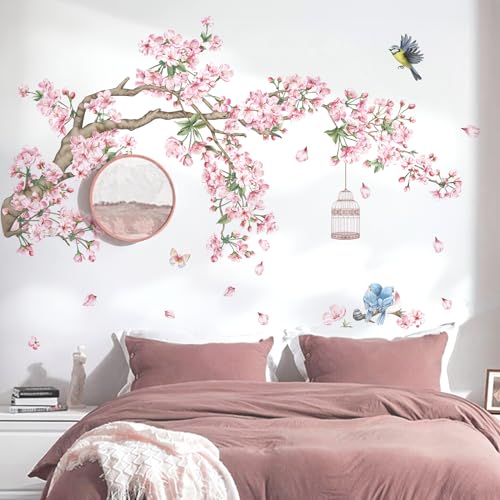 decalmile Wandtattoo Kirschblüte Blumen Rosa Wandaufkleber Blüten Vögel auf Baum Ast Wandsticker Wohnzimmer Schlafzimmer Mädchenzimmer Wanddeko von decalmile