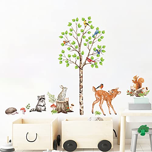 decalmile Wandtattoo Waldtiere Baum Wandsticker Birke Baum Vögel Hirsch Wandaufkleber Kinderzimmer Babyzimmer Schlafzimmer Wanddeko von decalmile