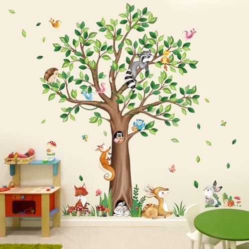 decalmile Wandtattoo Waldtiere Groß Baum Wandaufkleber Hirsch Fuchs Eichhörnchen Wandsticker Babyzimmer Kinderzimmer Schlafzimmer Wanddeko von decalmile