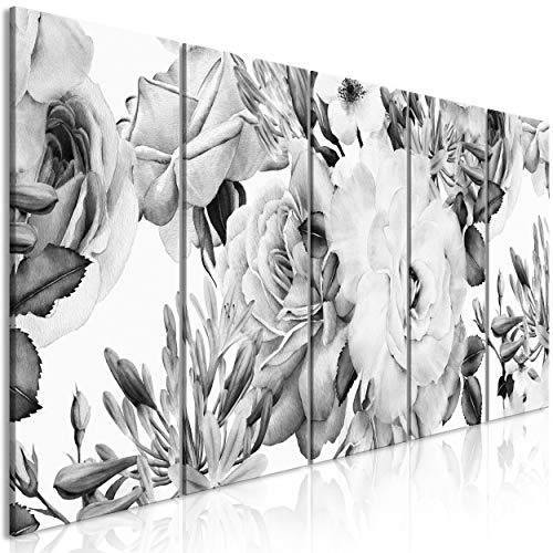 decomonkey Bilder Blumen 200x80 cm 5 Teilig Leinwandbilder Bild auf Leinwand Wandbild Kunstdruck Wanddeko Wand Wohnzimmer Wanddekoration Deko Rose schwarz-weiß von decomonkey