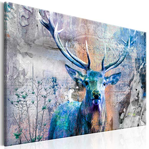 decomonkey Bilder Hirsch 90x60 cm Leinwandbilder Bild auf Leinwand Wandbild Kunstdruck Wanddeko Wand Wohnzimmer Wanddekoration Deko retro Vintage Tiere Hirsche Blumen Holz Textur Aufschriften von decomonkey