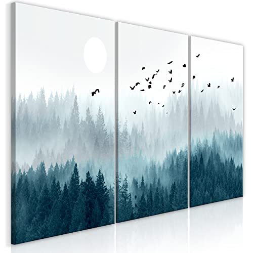 decomonkey Bilder Wald 120x60 cm 3 Teilig Wandbild Groß Leinwandbild XXL Deko Wohnzimmer Schlafzimmer Büro Wanddeko Leinwand Pictures For Wall Poster Painting Baum Vogel Sonne Nebel Blau Grau von decomonkey