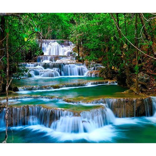 decomonkey Fototapete selbstklebend Wasserfall 441x315 cm Selbstklebende Tapeten Wand Fototapeten Tapete Wandtapete klebend Klebefolie Wald FluÃŸ Dschungel Thailand Asien Natur Blau Grün von decomonkey