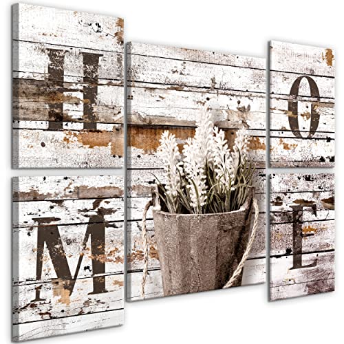 decomonkey Home Spruch 110x80 cm 5 Teilig Leinwandbilder Bild auf Leinwand Vlies Wandbild Kunstdruck Wanddeko Wand Wohnzimmer Wanddekoration Holz Abstrakt WeiÃŸe Blumen Home Vintage Bretter Bilder Set von decomonkey