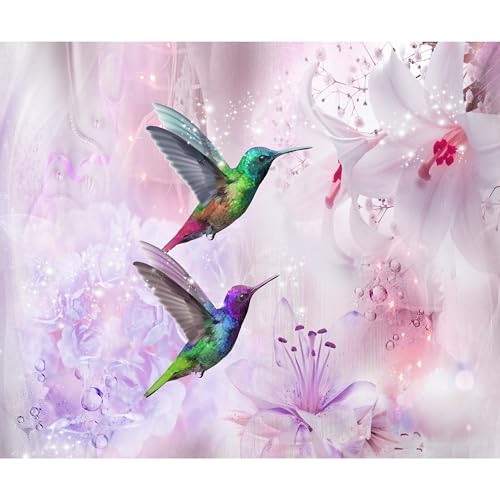 decomonkey Premium Fototapete Blumen Vogel 150x105 cm XL Design Tapete Fototapeten Vlies Tapeten Vliestapete Wandtapete moderne Wandbild Wand Schlafzimmer Wohnzimmer Kolibri Abstrakt bunt von decomonkey