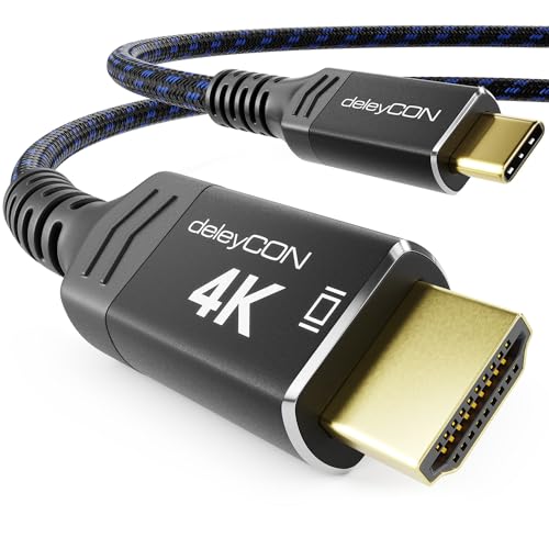 deleyCON 1,5m 4K USB-C auf HDMI Kabel - 4K@60Hz 2K@120Hz mit Aluminiumstecker & Nylonkabel Kompatibel mit Thunderbolt 3/4 Handy Smartphone Tablet PC Computer uvm. - Schwarz Blau von deleyCON