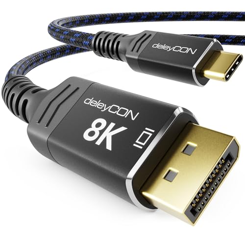 deleyCON 1,5m 8K USB-C auf DisplayPort 1.4 Kabel - 8K@60Hz 4K@120Hz mit Aluminiumstecker & Nylonkabel Kompatibel mit Thunderbolt 3/4 Handy Smartphone Tablet PC Computer uvm. - Schwarz Blau von deleyCON