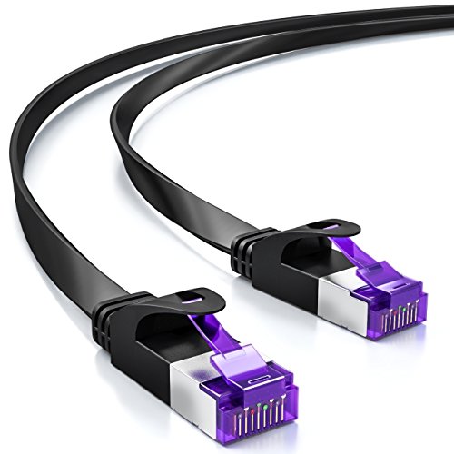 deleyCON 30m Flaches Cat7 Netzwerkkabel (Cat 7 mit 10 Gbit/s) Gigabit LAN - RJ45 Ethernet Patchkabel Verlegekabel Flach - für Internet Switch Router Modem Patchpanel - Schwarz von deleyCON