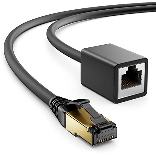 deleyCON 7,5m CAT8.1 RJ45 Verlängerung Patchkabel Netzwerkkabel 40 GBit/s 2000 MHz S/FTP Kupfer PiMF 1x RJ45 Stecker 1x RJ45 Buchse für Ethernet LAN Gaming Streaming - Schwarz von deleyCON
