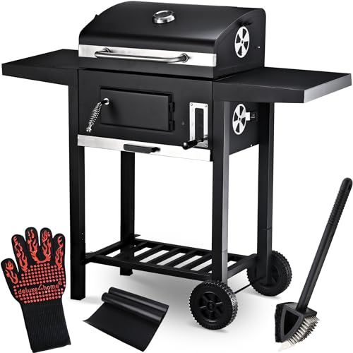 deluxe4home® Grillwagen XXL Holzkohlegrill mit Deckel I Grill Rollbar mit seitlicher Ablage I inkl. Grillhandschuh I Rollgrill Standgrill von deluxe4home