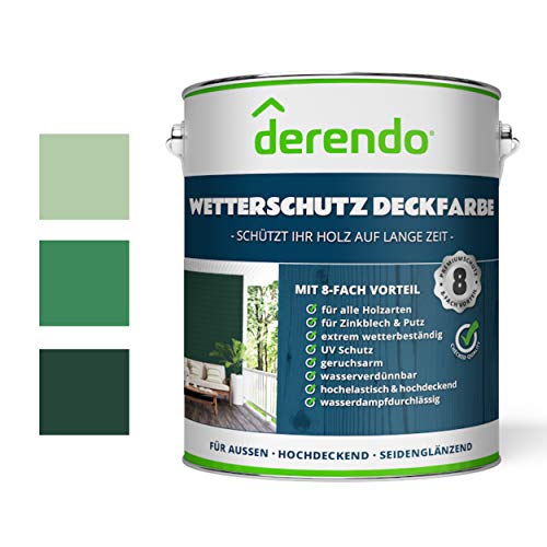 Derendo Holzfarbe grün Holzlasur außen wetterfest, 2,5L seidenglänzend, Holzschutzfarbe Buntlack HOHE DECKKRAFT, Wetterbeständig | UV Schutz |Wasserdampfdurchlässig (750ml, moosgrün RAL 6005) von derendo