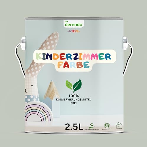 derendo Kinderzimmer Wandfarbe – Umweltfreundlich, Geruchsneutral, Hohe Deckkraft, Schadstofffrei – Farbenfrohe Auswahl pastellfarben Farbe (Grün - Dino Grün, 2,5 Liters) von derendo