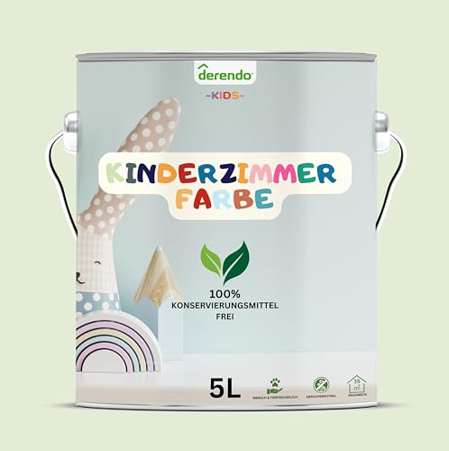 derendo Kinderzimmer Wandfarbe – Umweltfreundlich, Geruchsneutral, Hohe Deckkraft, Schadstofffrei – Farbenfrohe Auswahl pastellfarben Farbe (Pastellgrün - Froschgrün, 5 Liters) von derendo