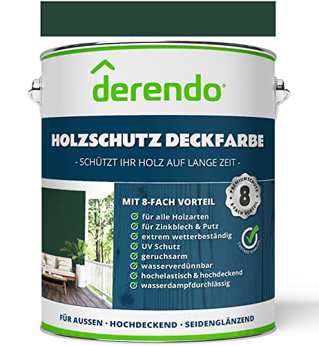 derendo Profi Holzschutzfarbe Aqua grün für Außen, 2,5L wasserverdünnbare Wetterschutzfarbe, seidenglänzend, verschiedene Farbtöne, Holzfarbe mit sehr hoher Deckkraft (moosgrün dunkelgrün RAL 6005) von derendo