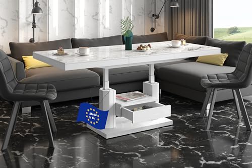 Design Couchtisch Tisch mit Schublade HM-120 Hochglanz stufenlos höhenverstellbar ausziehbar Esstisch, Farbe:Marmoroptik Hochglanz - Weiß Hochglanz Design Couchtisch Tisch mit Schublade HM-120 Hochglanz stufenlos höhenverstellbar ausziehbar Esstisch, Farbe:Marmoroptik Hochglanz - Weiß Hochglanz von designimpex