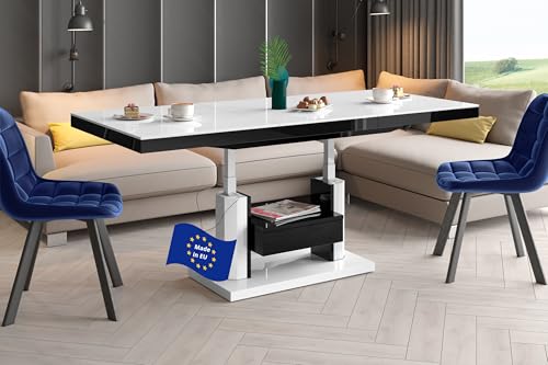 Design Couchtisch Tisch mit Schublade HM-120 Hochglanz stufenlos höhenverstellbar ausziehbar Esstisch, Farbe:Weiß Hochglanz - Schwarz Hochglanz Design Couchtisch Tisch mit Schublade HM-120 Hochglanz stufenlos höhenverstellbar ausziehbar Esstisch, Farbe:Weiß Hochglanz - Schwarz Hochglanz von designimpex