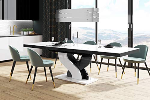Design Esstisch Tisch HEB-111 Hochglanz ausziehbar 160 bis 256 cm, Farbe:Weiß Hochglanz - Schwarz Hochglanz von designimpex