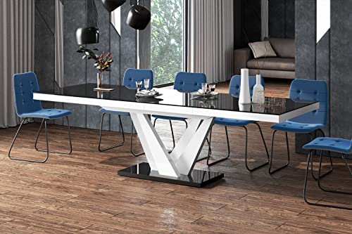 Design Esstisch Tisch HEV-111 ausziehbar 160 bis 256 cm, Farbe:Schwarz Hochglanz - Weiß Hochglanz von designimpex