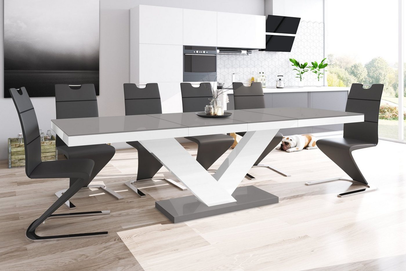designimpex Esstisch Design Tisch HE-999 Grau / Weiß Hochglanz ausziehbar 160 bis 256 cm von designimpex